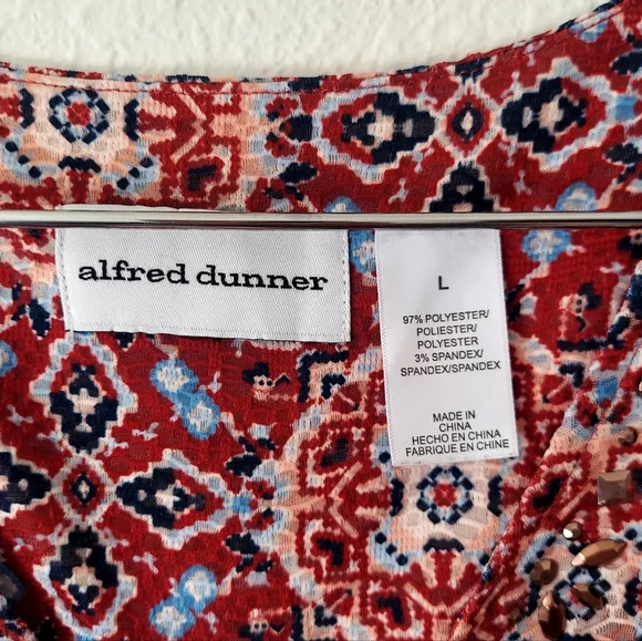 Alfred Dunner Large Colorful Geometric V Neck Bejeweled Top Light And Airy - Picture 6 of 7